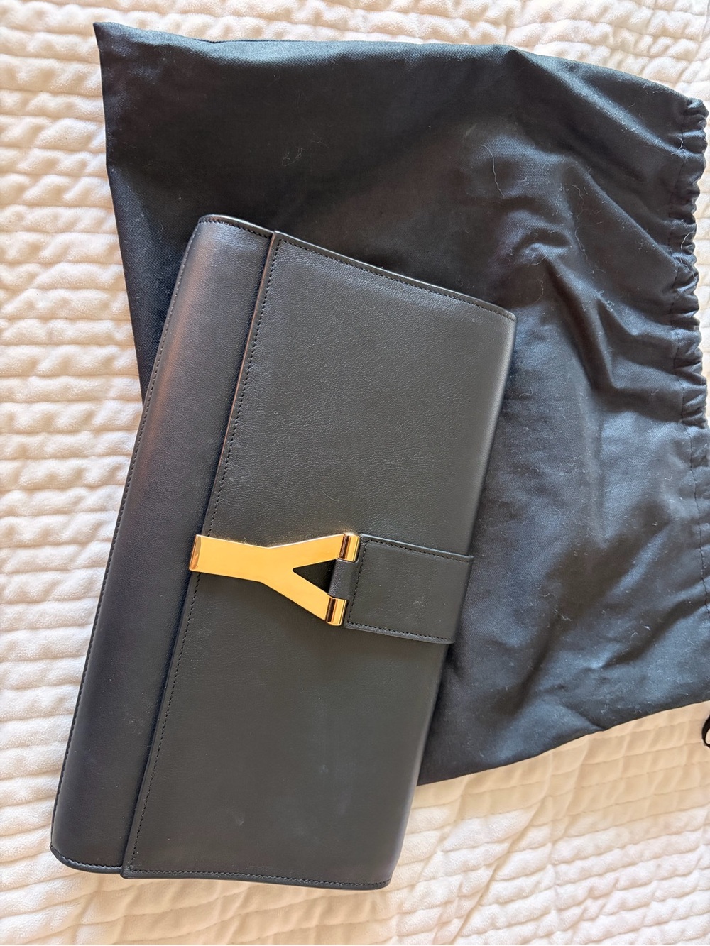 Saint Laurent Black Leather Clutch with Gold Y-Detail - Picture 4 of 5